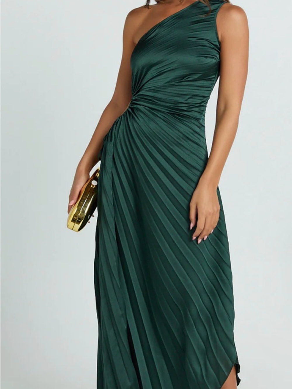 Showpo NWT Kitsune Maxi Dress One-Shoulder Emerald Green Side Cut Out Pleated